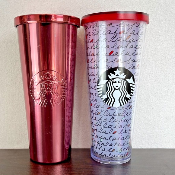 STARBUCKS Cold Drink Venti Tumbler Travel Cup Lid Red Metal Christmas Plastic - Picture 1 of 6